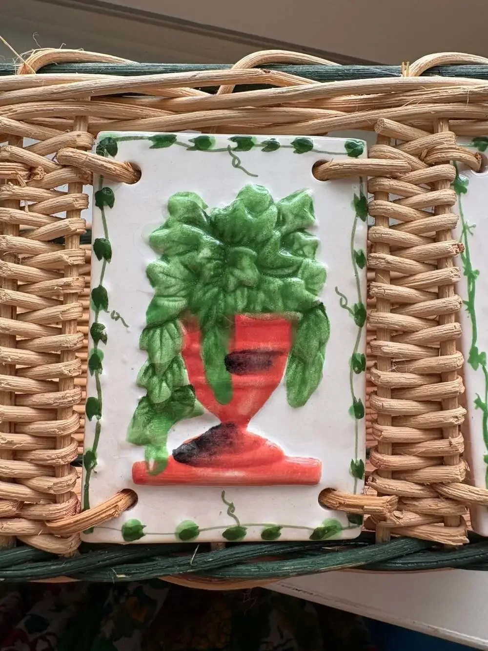 Vintage Woven Wicker Basket with Hand-Painted Floral Ceramic Tiles